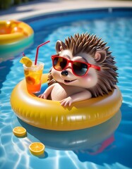 Cute Cartoon Hedgehog Relaxing in a Pool with Sunglasses
