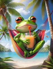 Funny Frog Relaxing in Hammock with Smoothie on Tropical Beach