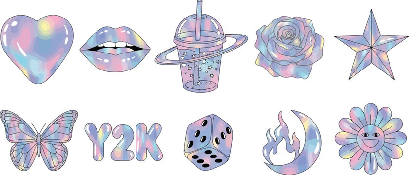 Collection of holographic yk aesthetic stickers including a heart lips and butterfly design