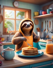 Sloth Cooking Pancakes in Kitchen - 3D Render