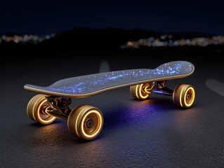 Futuristic skateboard with glowing wheels and a starry design, positioned on a dark surface, showcasing innovative technology and modern aesthetics in a nighttime setting