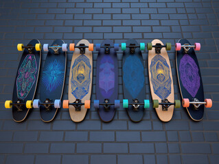 Colorful skateboards with intricate designs are lined up against a textured brick wall, showcasing vibrant patterns and unique styles for urban sports enthusiasts and creative expression