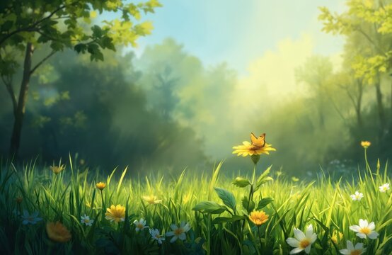 Sunlit spring meadow features vibrant green grass and blooming wildflowers. An orange butterfly rests on a yellow daisy. Soft-focus background with trees creates a peaceful natural scene. - Powered by Adobe