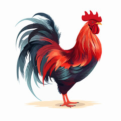 Fototapeta premium A vibrant illustration of a rooster with bright red comb and wattle, standing proudly with a colorful tail.