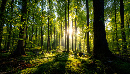 Obraz premium Silent Forest in spring with beautiful bright sun rays