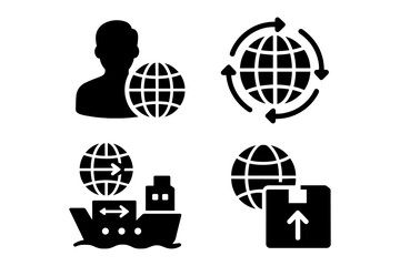 Global logistics symbols silhouette set featuring user, globe, shipping, and package icons