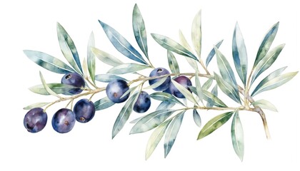 Watercolor painting illustrates olive branch with ripe dark purple olives, green leaves. Delicate botanical artwork details subtle textures, natural colors, perfect for Mediterranean themes, food,