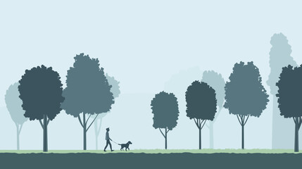 Misty Morning Walk with Dog: A serene scene of a person walking their dog on a misty morning. The silhouette of the person and dog blend seamlessly with the surrounding trees.