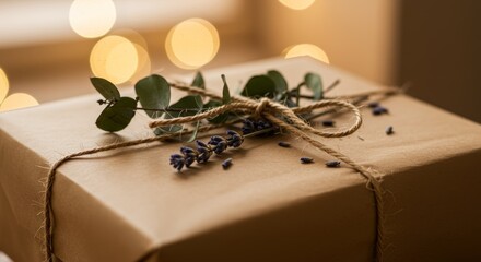 Elegantly wrapped gift with kraft paper, twine, lavender, and eucalyptus branches