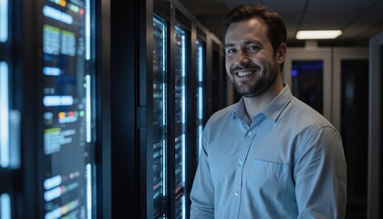 Smiling man, data center administrator, stands near server racks with glowing blue lights. He is Caucasian technician in light blue shirt, overseeing computer hardware maintenance, network operations.