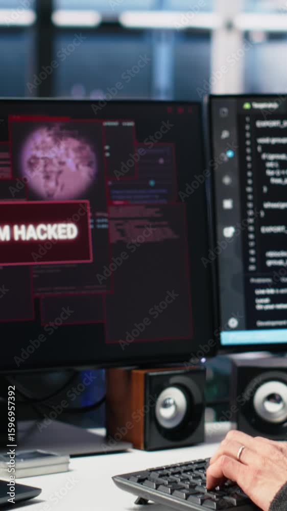 Poster vertical video technicians in ai server hub panicked by hacking attempt stealing sensitive company d