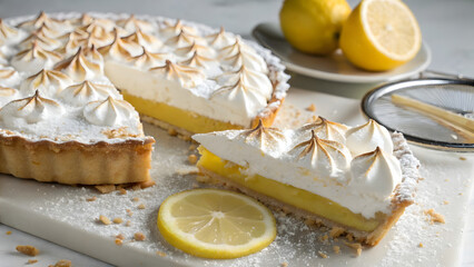 A beautifully styled and highly detailed dessert scene featuring a luscious lemon meringue creation, partially sliced to reveal its creamy, velvety filling and crisp, golden meringue topping