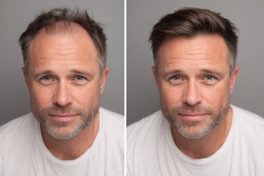 Before and After Portrait Photographs of a Man in His 40s with Hair Loss and Hair Restoration - Hair Transplant and Solutions.