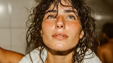 Woman with wet hair and white towel looking upward under soft light in locker room, Generated with AI
