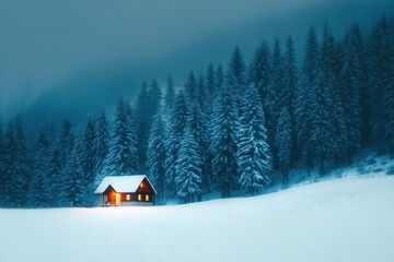 Naklejka premium Winter's embrace a cozy cabin nestled beside a snow-covered forest in a serene mountain landscape