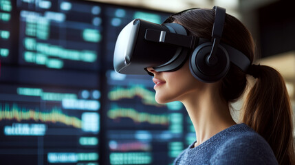 A woman wears a virtual reality headset with data charts in the background. Concept of immersive technology and data analysis. For tech articles.