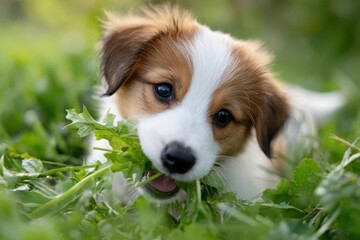 Fototapeta premium A Cute Puppy Chases and Plays with Green Leaves in the Grass - Playful Animals and Nature.