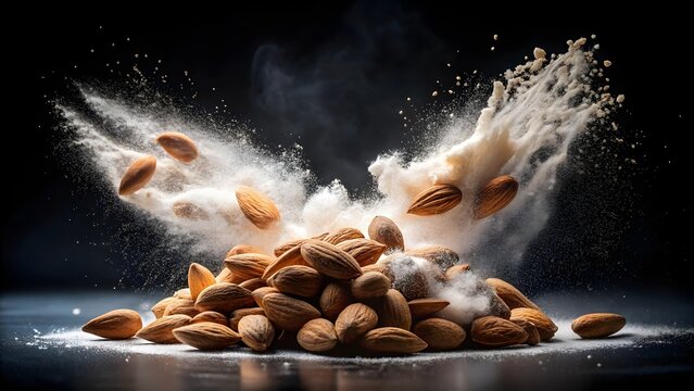 Almonds exploding with flour in a dynamic splash