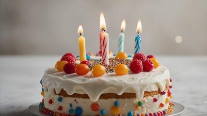 Close-up: minimalist, warm-toned birthday candle burning on white frosted cake. Soft, shallow-depth-of-field background with ample copy space.