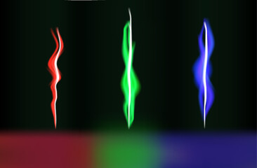 Three distinct light waves in red, green, and blue swirl elegantly against a dark background. This captivating arrangement creates a sense of movement and energy