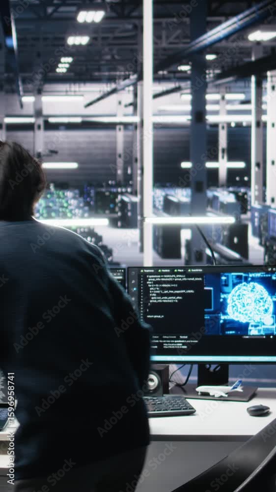 Poster vertical video programmer entering server room office, using ai to review infrastructure diagnostics