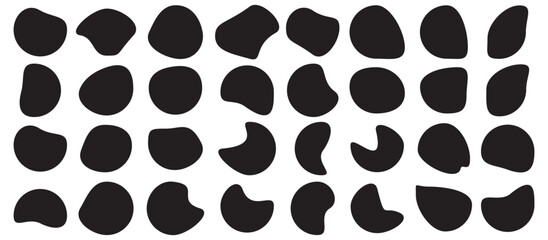 Organic shape round form set. Liquid organic blob. Abstract organic blob shapes vector irregular figures isolated on transparent background. Black cube drops. Various shapes of irregular blobs