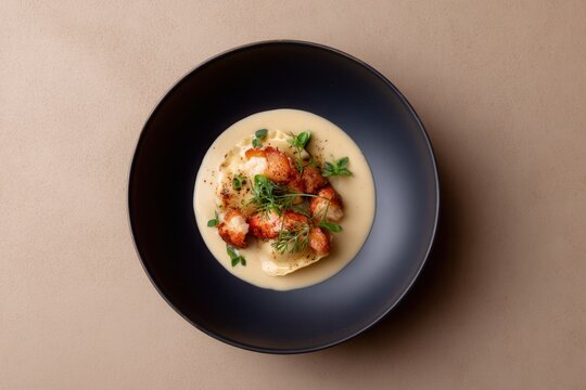 Lobster ravioli with bisque sauce served on navy plate