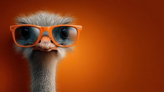 Cartoonish ostrich with goofy expression wearing orange sunglasses