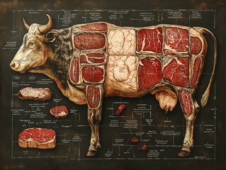 Beef cuts illustrated: cow diagram on chalkboard for butchers, cooking, and culinary education