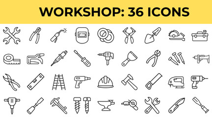 Workshop tool icons set with various hand tools and equipment  