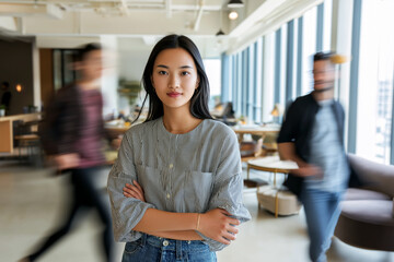 Confident Professional in Modern Workplace: A poised woman stands confidently in a contemporary office setting, her arms crossed, surrounded by the blurred movement of colleagues.
