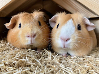 Cute guinea pigs pair on straw bedding with brown fur and whiskers in wooden house