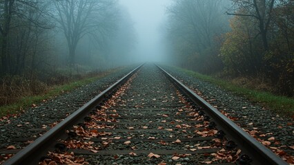 Fototapeta premium Misty train tracks leading through a serene autumn forest in fog
