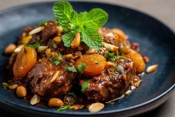 Fragrant Moroccan tagine featuring apricots, almonds, and lamb for festive gatherings