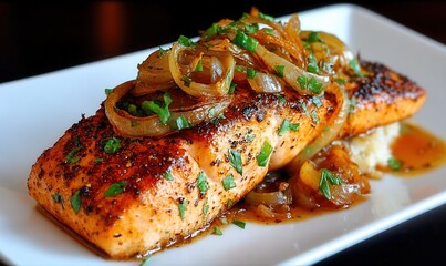 Mouthwatering spicy salmon topped with sweet caramelized onions served on a plate