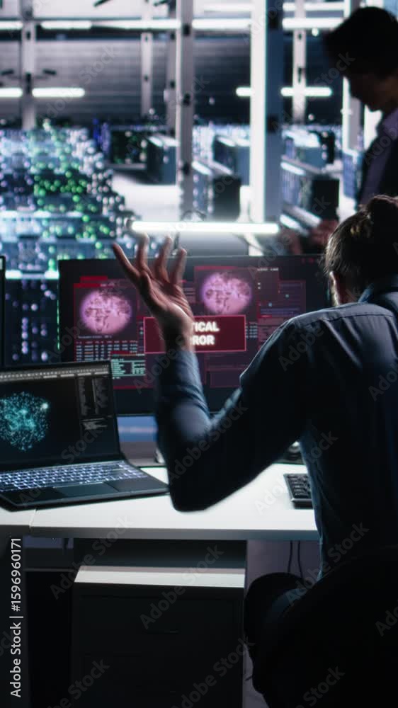 Fototapete vertical video irked data center programmer smashing desk, upset by malfunctioning gear while using 