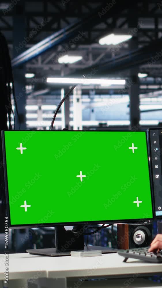 Poster vertical video data center technician managing ai systems using mockup pc. it professional in tech s