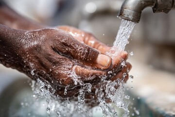 Fototapeta premium Close-up of hands under running tap water capturing the importance of hygiene, clean water access, and global conservation efforts