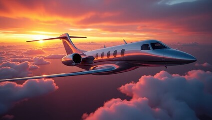 Sleek private jet soars through dramatic sunset clouds reflecting the vibrant orange and pink hues of the sky