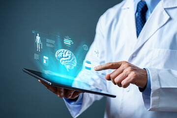 Medical professional analyzing neurological data on a futuristic holographic tablet.