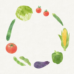 Hand-Painted Japanese Summer Vegetables – Circular Wreath on Recycled Paper Background
