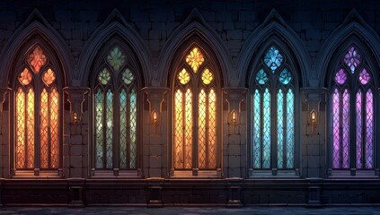 Colorful Gothic stained glass windows at night, fantasy castle wall, game background