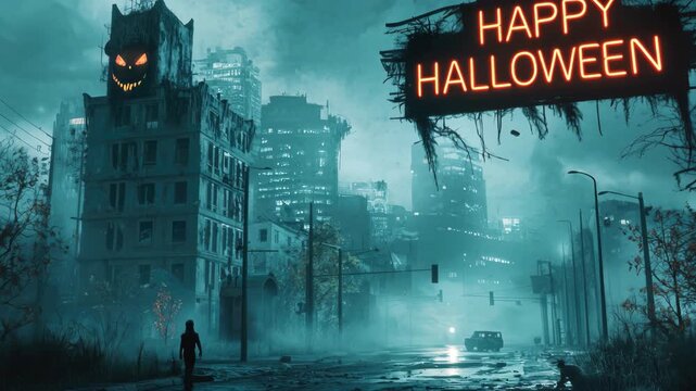Neon sign Happy Halloween in dark street of cyberpunk city, scary scene at night, concept of horror, dystopia