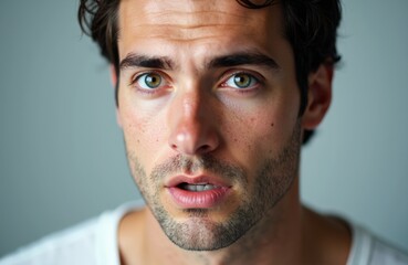 Obraz premium A close-up of a surprised young man with intense blue eyes and dark hair looking directly at the camera