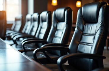 Empty black leather conference chairs arranged in a row in a modern meeting room