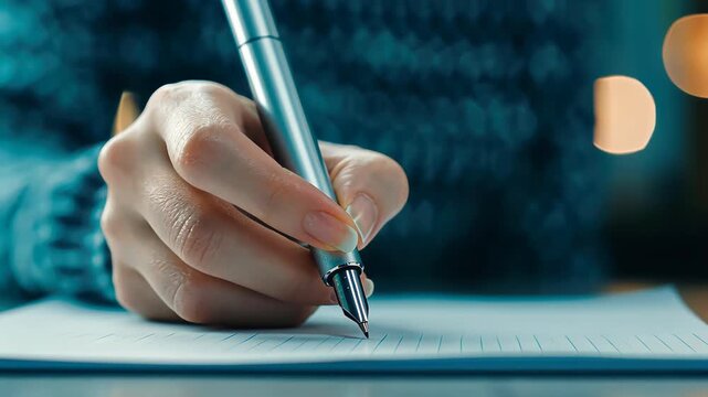Penmanship in Focus: A close-up shot captures a hand gracefully guiding a pen across paper, embodying the precision and artistry of the written word.