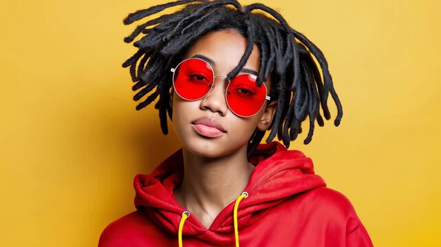 Confident Woman with Dreadlocks: A stylish woman with dreadlocks and fashionable red sunglasses confidently strikes a pose against a vivid yellow backdrop.