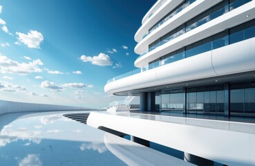 Fototapeta premium A modern white building with curved architecture against a bright blue sky with scattered clouds