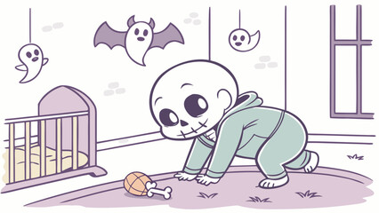 Vector art of a baby skeleton crawls in a room with halloween decorations