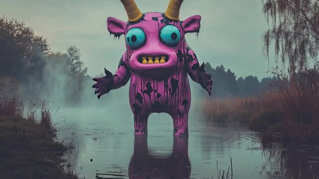 Cartoon Monster with Big Eyes and Horns Emerging from Misty Swamp